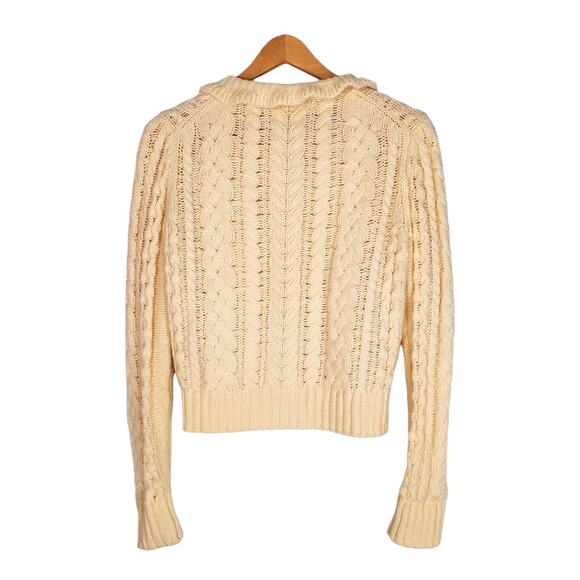 J. Crew Cable Knit Ruffleneck Cardigan Sweater Wool Butter Cream BV351 Medium - Picture 5 of 12